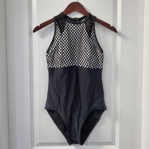 High neck, black and white mesh top one piece, full coverage bum.